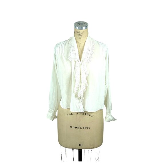Edwardian white blouse with jabot and open work and handmade lace Size M/L - Picture 2 of 10